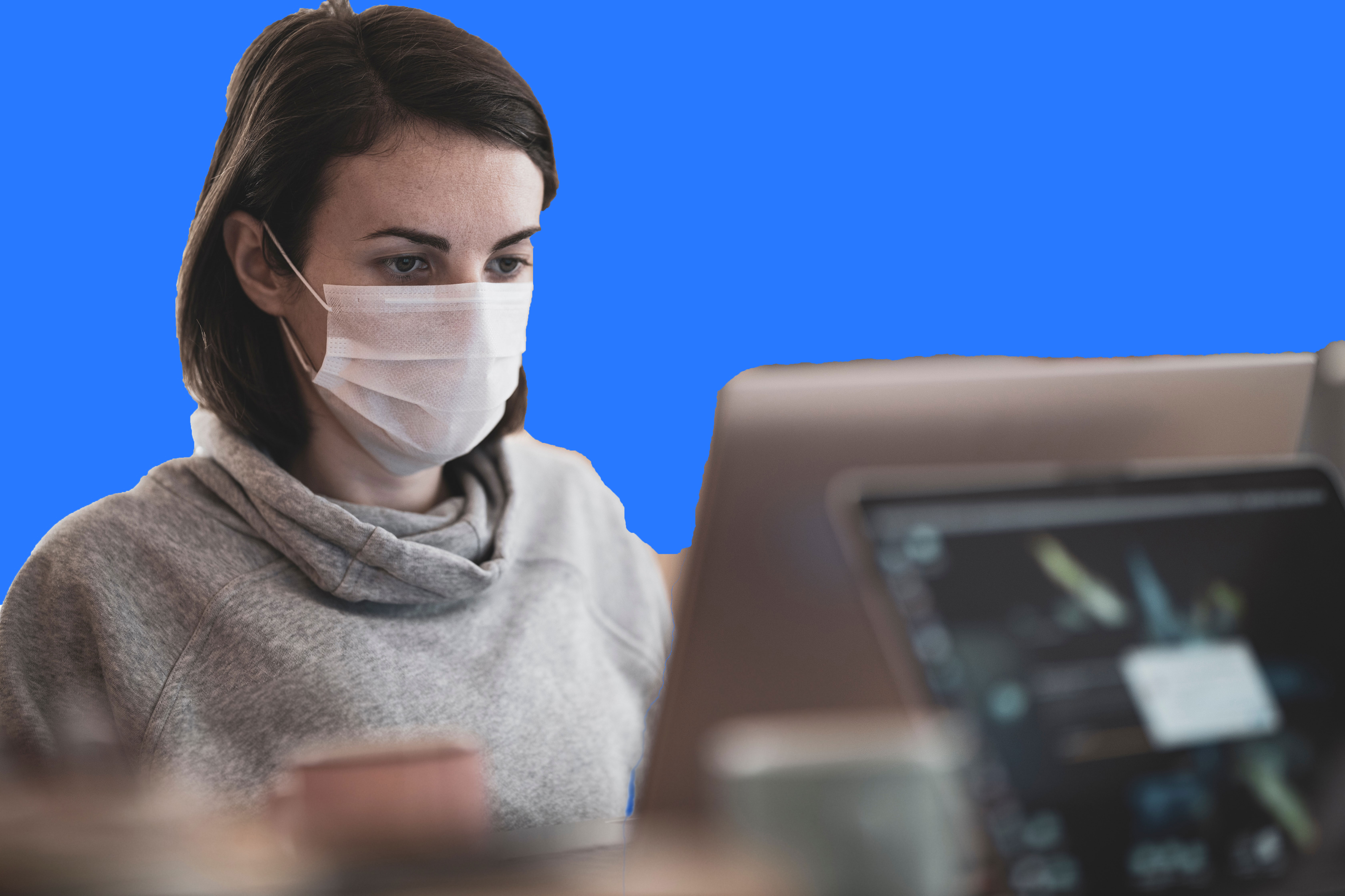 Business Transformation Masked Woman Working Remotely